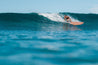 A woman drops into a glassy wave and looks down the line, ready to make a bottom turn on her wooden Bizia longboard.